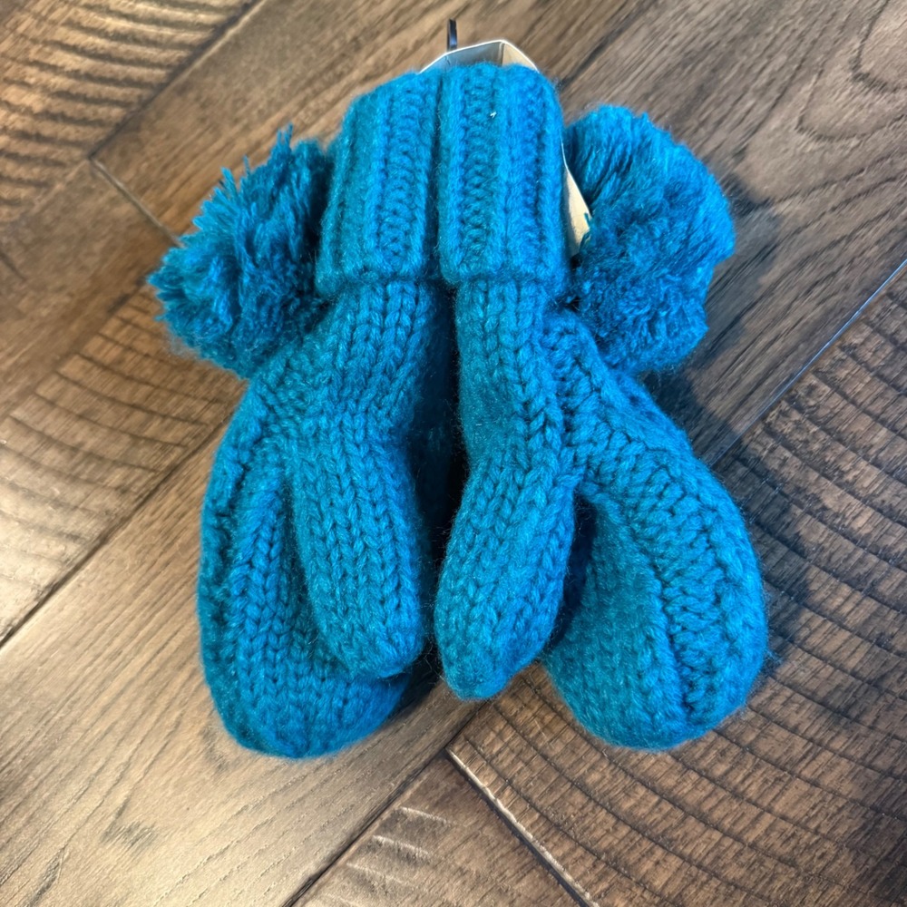 C.C Kids NWT Teal Blue Cable Knit Pom Pom Mittens Size M-L MT-24